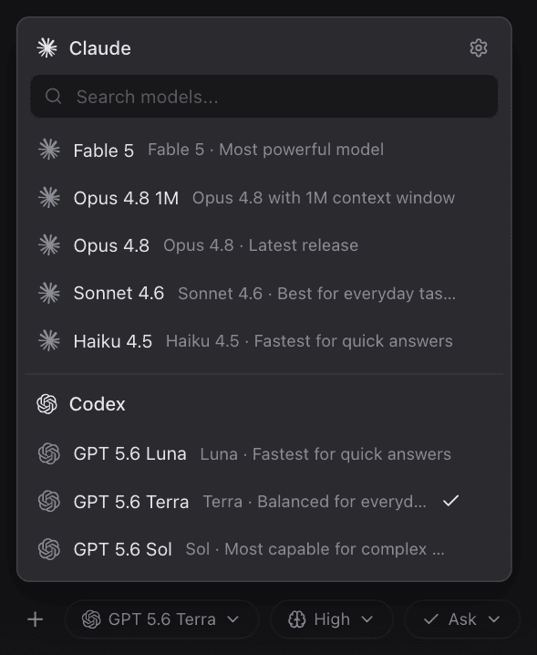 Claude and Codex in the same model picker.